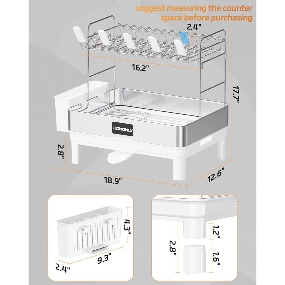 LIONONLY Égouttoir à Vaisselle 2 Niveaux, Acier Inoxydable 304 Sécher la Vaisselle, Vaisselle de Cuisine avec Porte-Gobelets et Porte-Ustensiles et Buse Rotative,Egouttoir Vaisselle sur Evier : Cuisine et Maison
