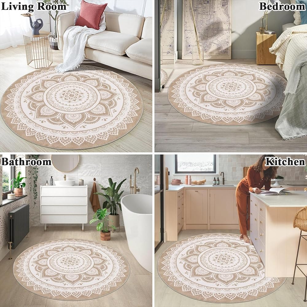SHACOS Tapis Rond 160 cm Beige Poil Ras Tapis Salon Chambre Antidérapant Tapis de Sol Décoratif Motif Ethnique Boho Tapis Rond Moderne pour Salon Chambre : Cuisine et Maison