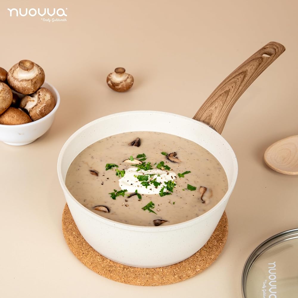 Nuovva Set de Casseroles Antiadhésives – Casserole à Induction avec Couvercle – Set de 3 Casseroles en Granit Crème – 16 cm, 18 cm, 20 cm – Par Nuovva. : Cuisine et Maison