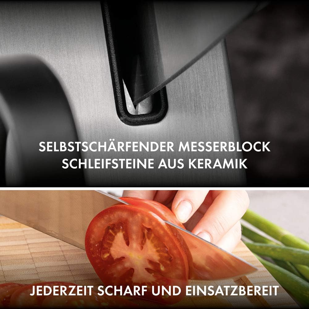 ZWILLING Bloc de Couteaux SharpBlock (7 pièces) avec Affûteur Intégré, Bloc Gris en Bois de Frêne, Couteaux/Ciseaux, Acier Inoxydable, Manche Noir, série Four Star : Cuisine et Maison