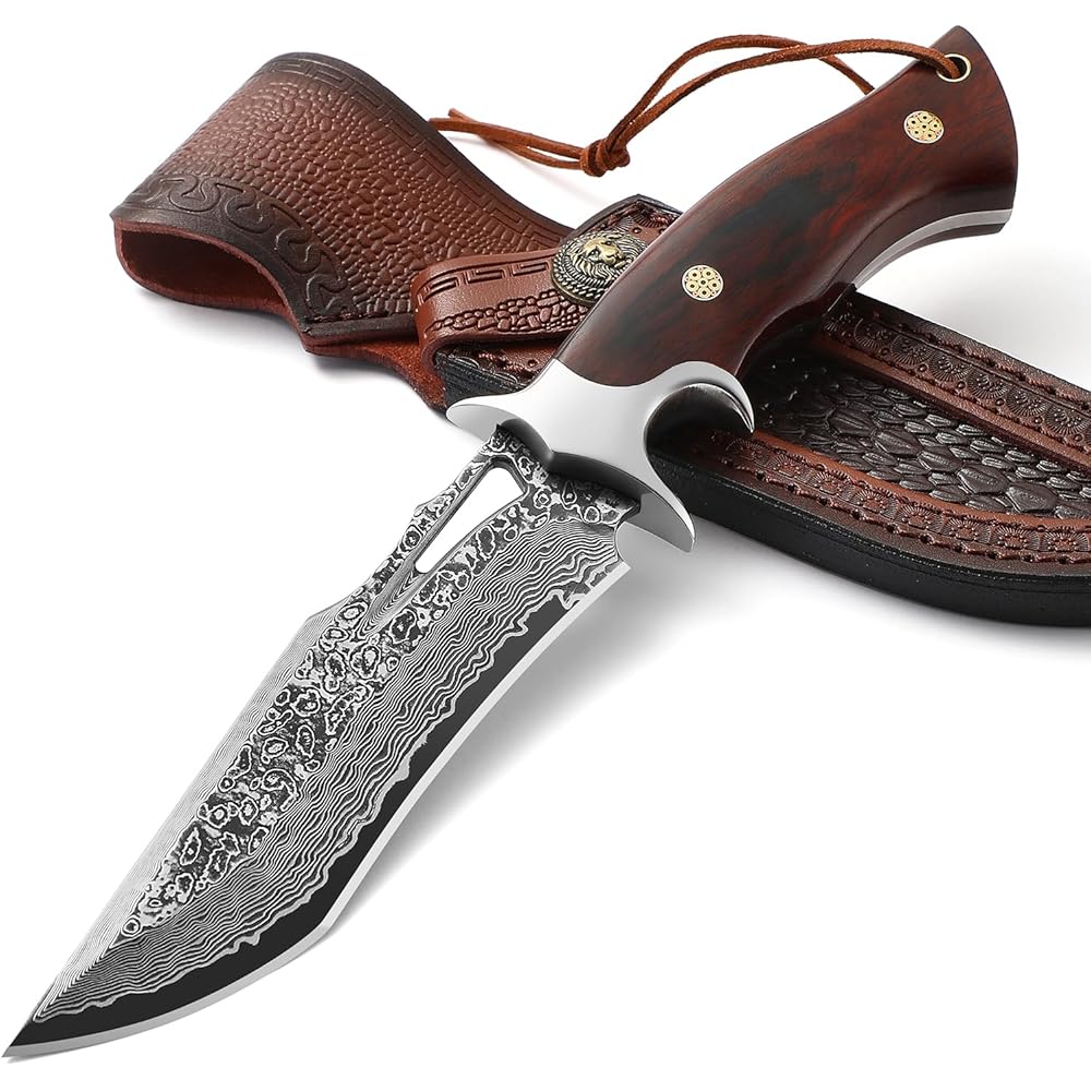 Couteau de Chasse en Damas Forge à la Main, Style Japonais - Lame Fixe avec Poignée en Bois et Étui en Cuir : Sports et Loisirs