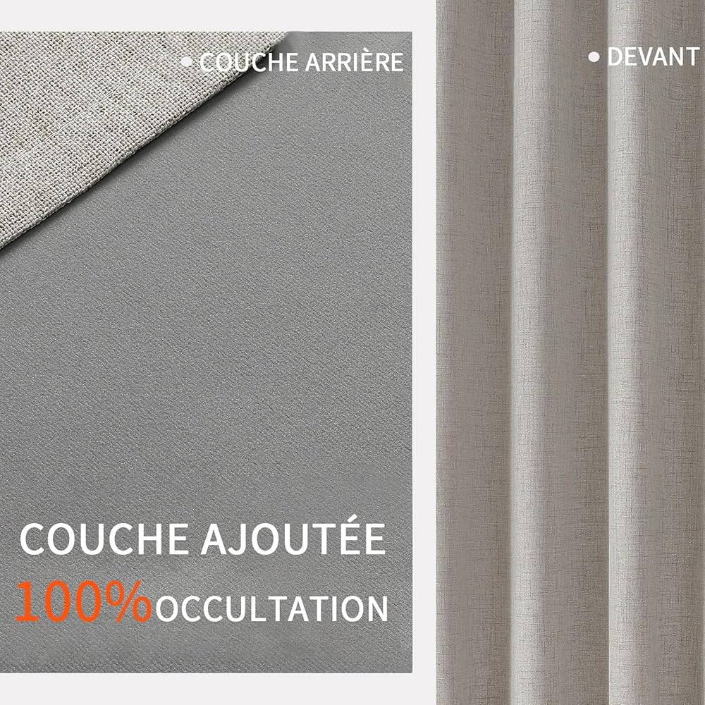 Joydeco 100% Rideau Occultant 2 Pièces, Lin Rideau Thermique Isolant Anti Chaleur Texturé Tenture Opaque à Oeillets Isolation Lumiere Anti UV Decoration Chambre Maison Salon Intérieurs : Cuisine et Maison