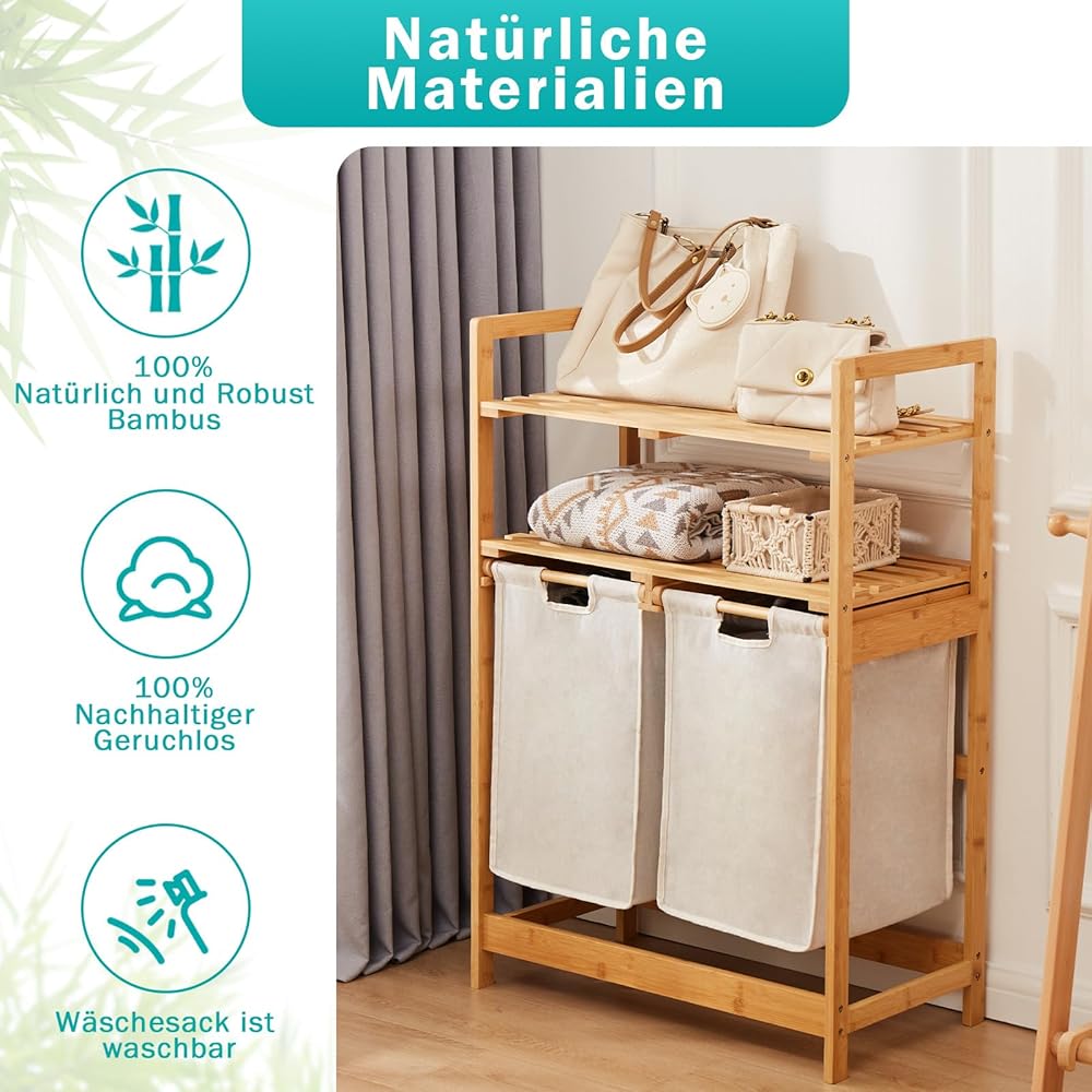 YOUDENOVA Panier à linge en bambou avec 2 étagères et 2 sacs à linge extensibles pour chambre à coucher, salle de bain ou buanderie, 93 x 64 x 33 cm, ivoire : Cuisine et Maison