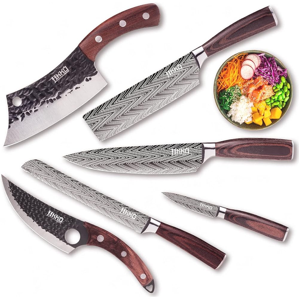 JIKKO® Nouvelle Gamme de Couteaux Japonais en Acier Carbone Renforcé AUS-10 - Modèle DiamondRazor - Couteaux de Cuisine Professionnel Premium avec Manches en Bois de Noyer et d'Acajou : Cuisine et Maison