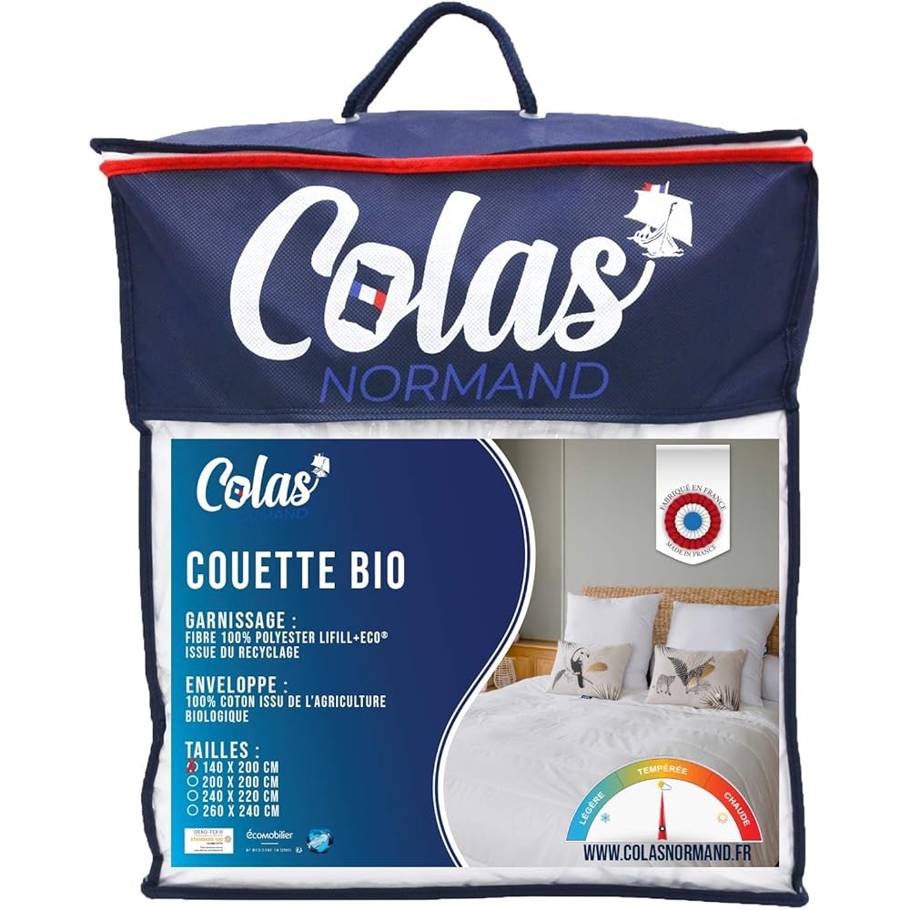 COLAS NORMAND - Couette Coton Bio - Tempérée - 140x200cm - Coton Issu de l'agriculture Biologique - Garnissage Issu de Bouteilles recyclées - Fabrication française : Cuisine et Maison