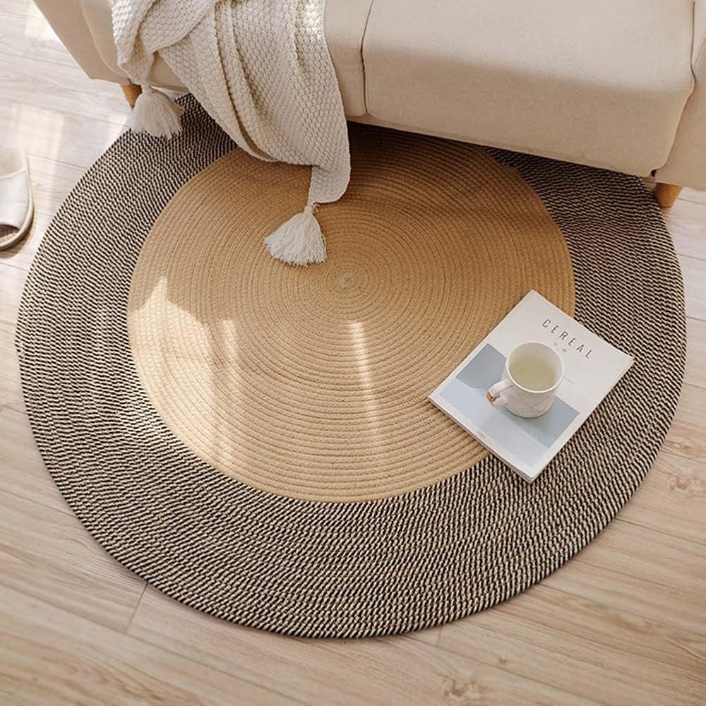 INKAROBOX Tapis rond tissé à la main en pur coton avec pompons au look rétro pour chambre à coucher, salon, table, bureau (noir/beige, 120 cm, rond) : Cuisine et Maison