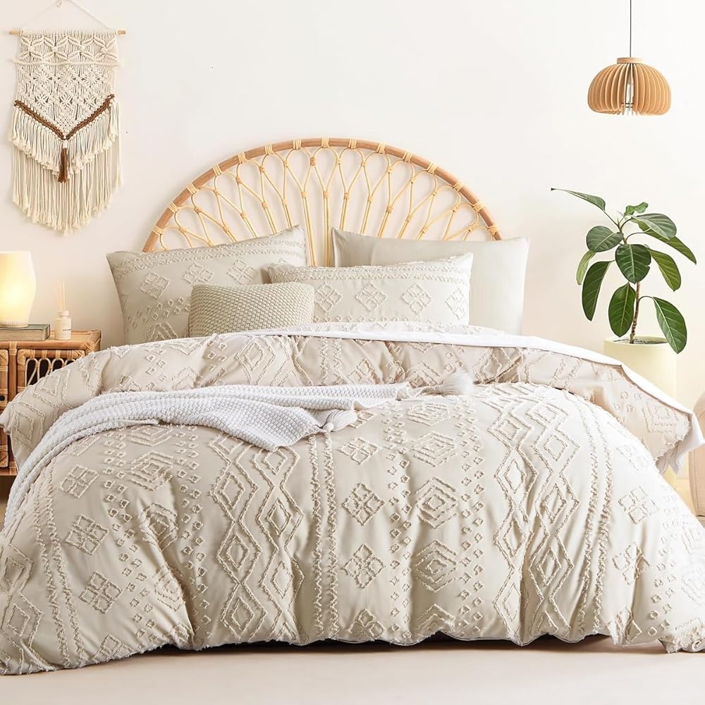 Sedefen Bohème Housse de Couette 240x260 cm Beige Tuftée Broderie Parure de Lit 2 Personnes Adulte Ado Shabby Chic Boho Linge de lit Avez Fermeture Éclair et 2 Taies d'oreiller 65x65cm : Cuisine et Maison