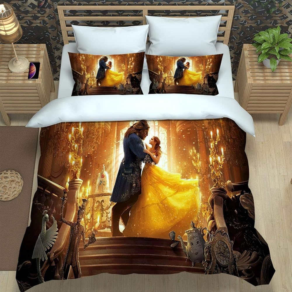 XOYKX 3Pcs Ensemble De Literie Anime La Belle Et La Bête 3D Digital Print Parure De Lit Adultes Housse De Couette Et 2 Taies d'oreiller - Microfibre avec Fermeture Éclair Housse Couette 260X240Cm : Cuisine et Maison