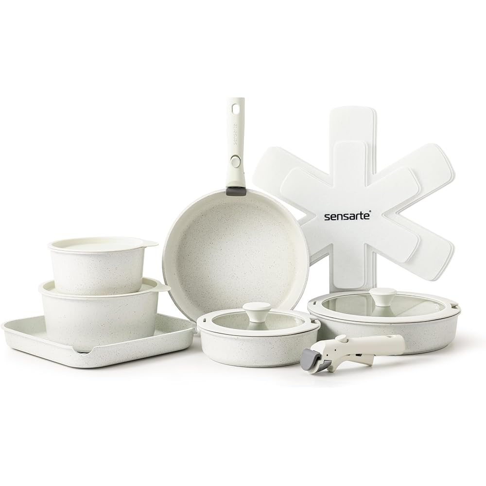 SENSARTE Batterie de Cuisine 17Pcs, Lot de Casseroles et Poêles Induction avec Couvercle, Poignées Amovibles : Cuisine et Maison