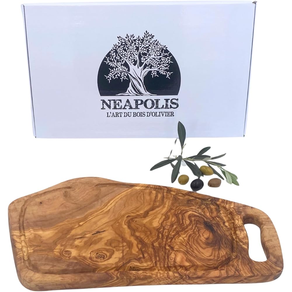 NEAPOLIS Planche à Découper avec Manche en Bois d'Olivier Naturel, Design Rustique, Plateau Fromage et Apéritif, Planche à Charcuterie Artisanale 36-42cm : Cuisine et Maison