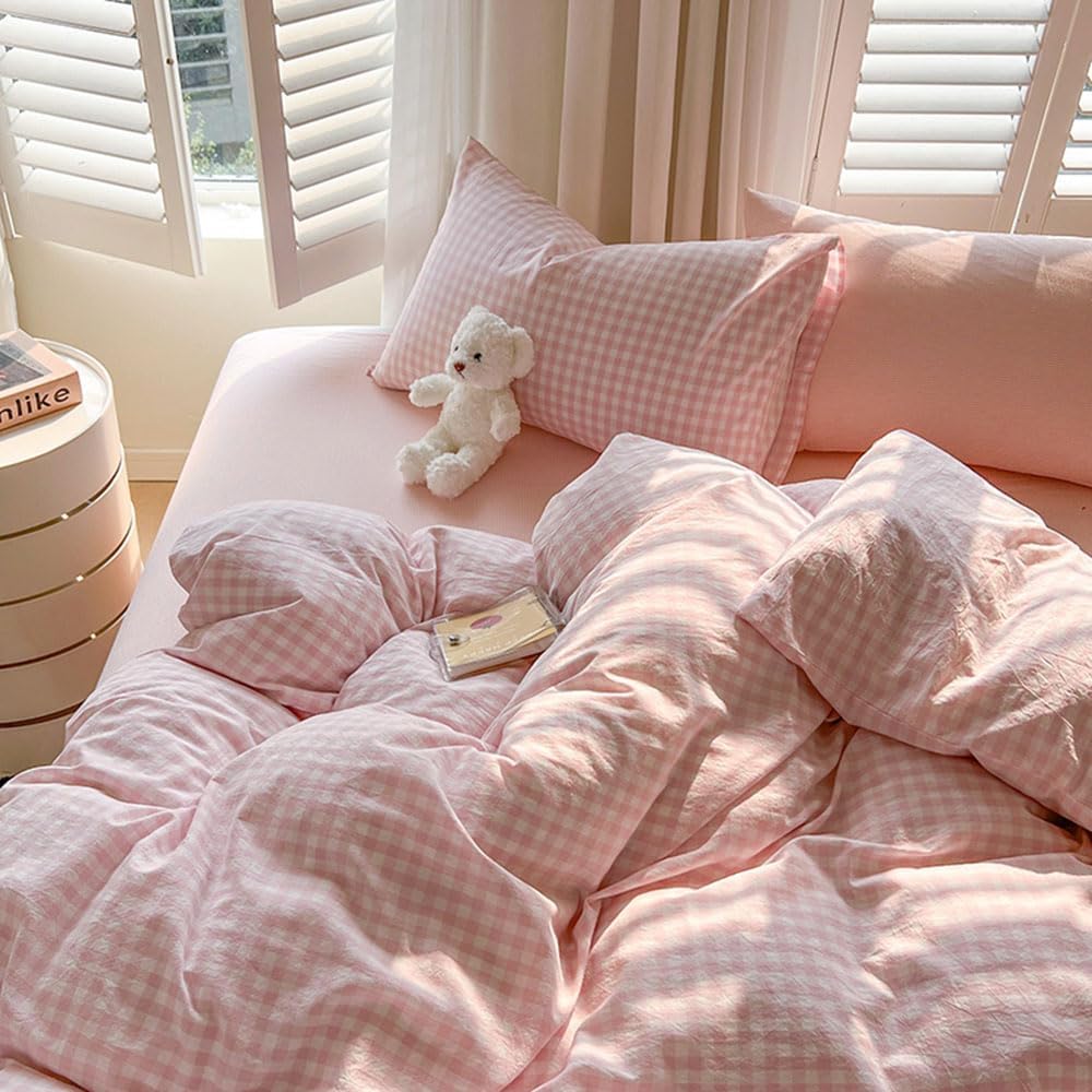 Nyescasa Housse de Couette 240x260 Rose et Blanc à Carreaux Vichy Moderne Parure de lit Adulte 2 Personnes en Microfibre Sets de Housses de Couettes avec Fermeture Éclair et 2 Taies d'oreiller 65x65cm : Cuisine et Maison