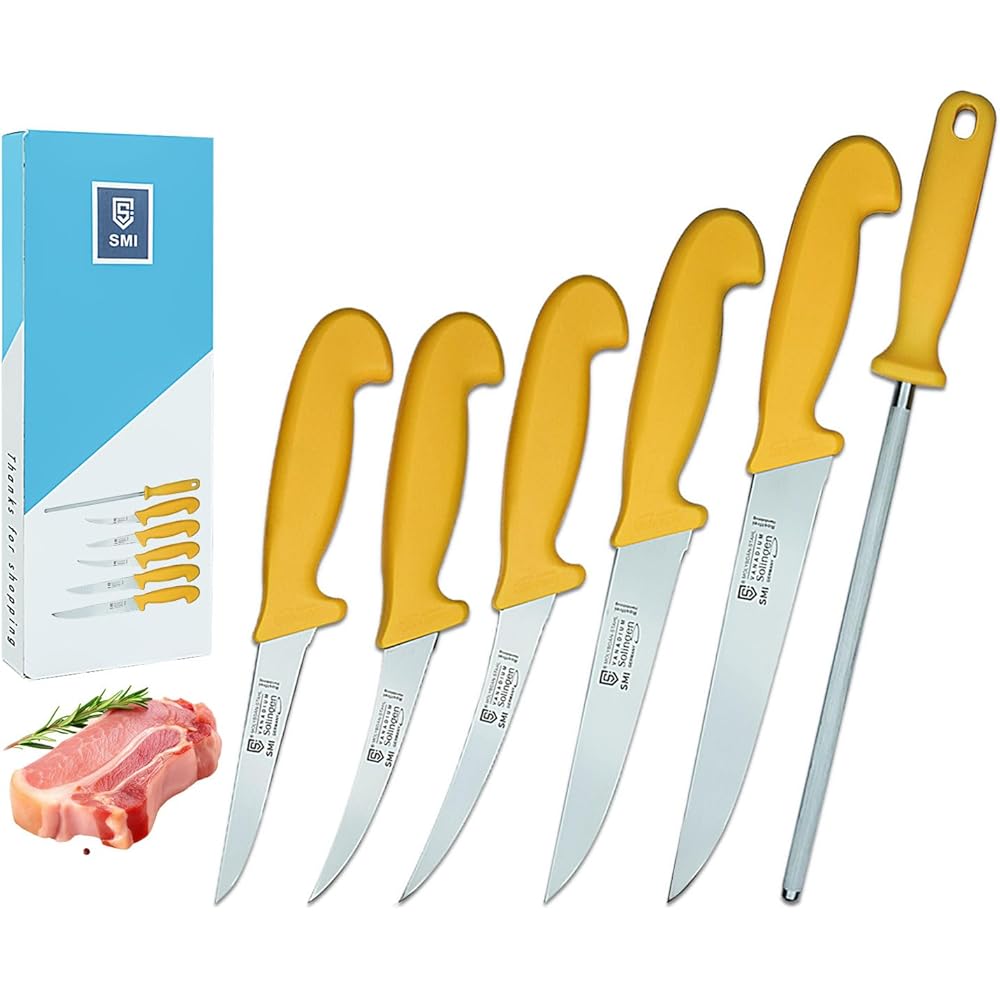 SMI - 6 Pièces Set Couteau Cuisine Solingen Couteau De Chef Acier Inoxydable Fusil à Aiguiser Couteau Boucher Couteau Viande Couteau à Désosser Made in Germany : Cuisine et Maison