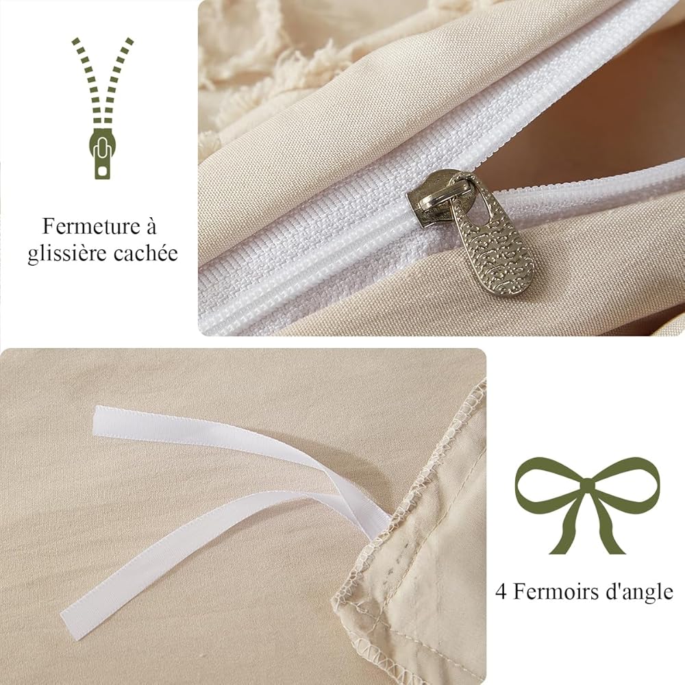 Sedefen Bohème Housse de Couette 240x260 cm Beige Tuftée Broderie Parure de Lit 2 Personnes Adulte Ado Shabby Chic Boho Linge de lit Avez Fermeture Éclair et 2 Taies d'oreiller 65x65cm : Cuisine et Maison