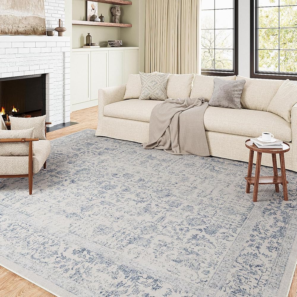 HUGEAR Tapis de salon, lavable, bleu, style vintage, 180 x 270 cm, style rétro, pour salon, salon, chambre, salle à manger, bureau : Cuisine et Maison