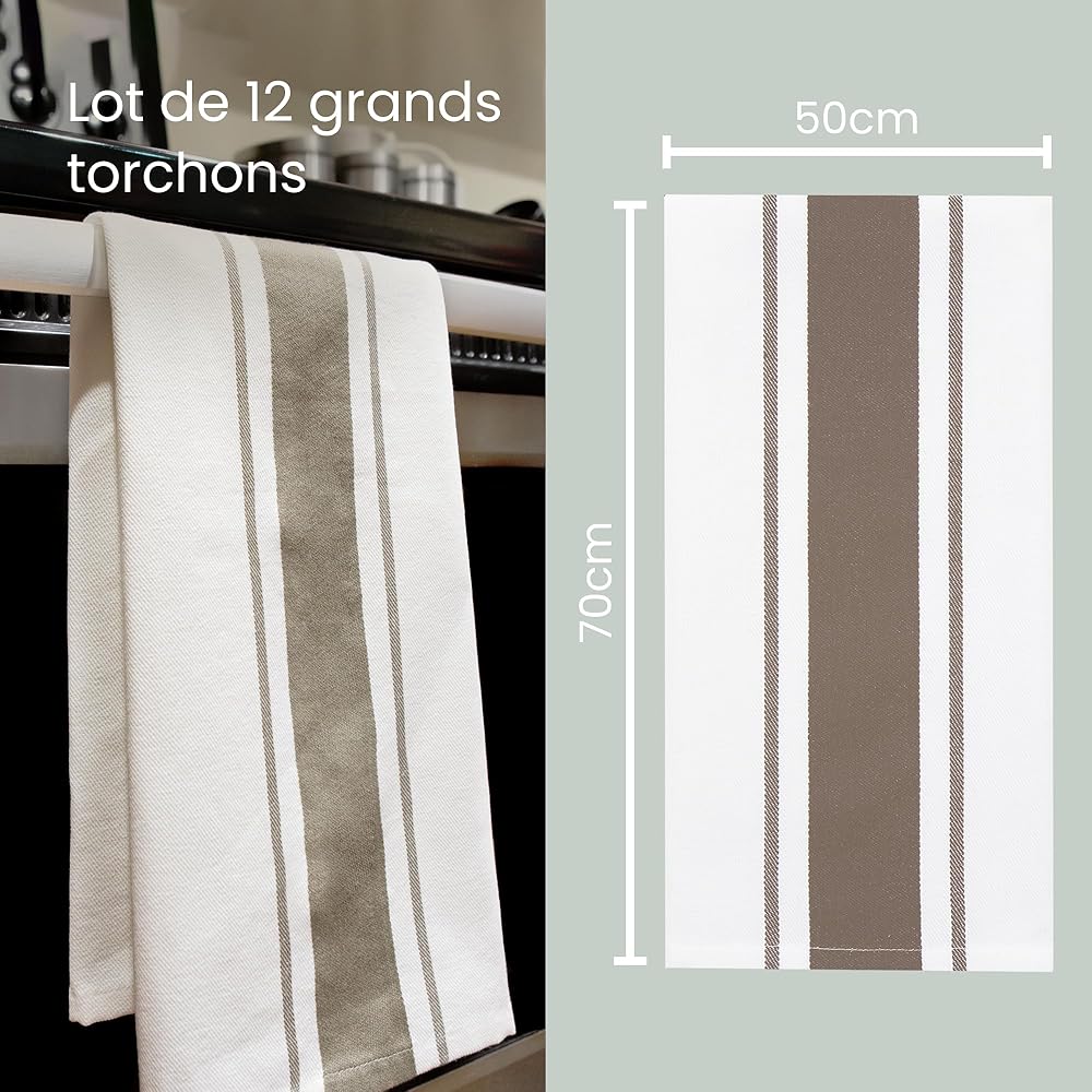 Sticky Toffee torchon en Coton rayé | Lot de 12| 100% Coton | Gris Cappuccino | 50 x 70 cm | Chiffons de Cuisine en Verre Absorbant du Bar du Restaurant : Cuisine et Maison