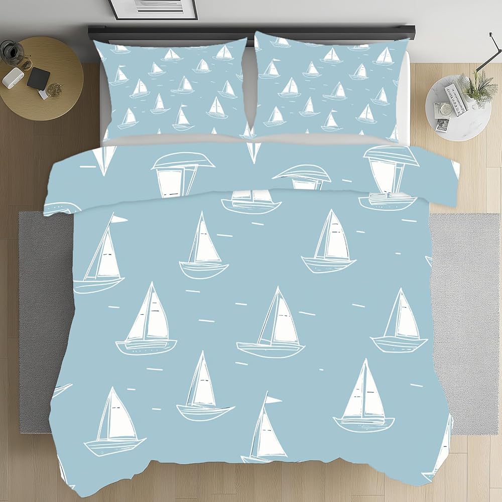 Sobhdga Parure de Lit Voilier Thème Nautique Côtier Aventure, Housse de Couette Thème de l'océan Réversible 220x240 2 Personnes Microfibre Douce avec Fermeture Éclair avec 2 Taies d'oreiller : Cuisine et Maison