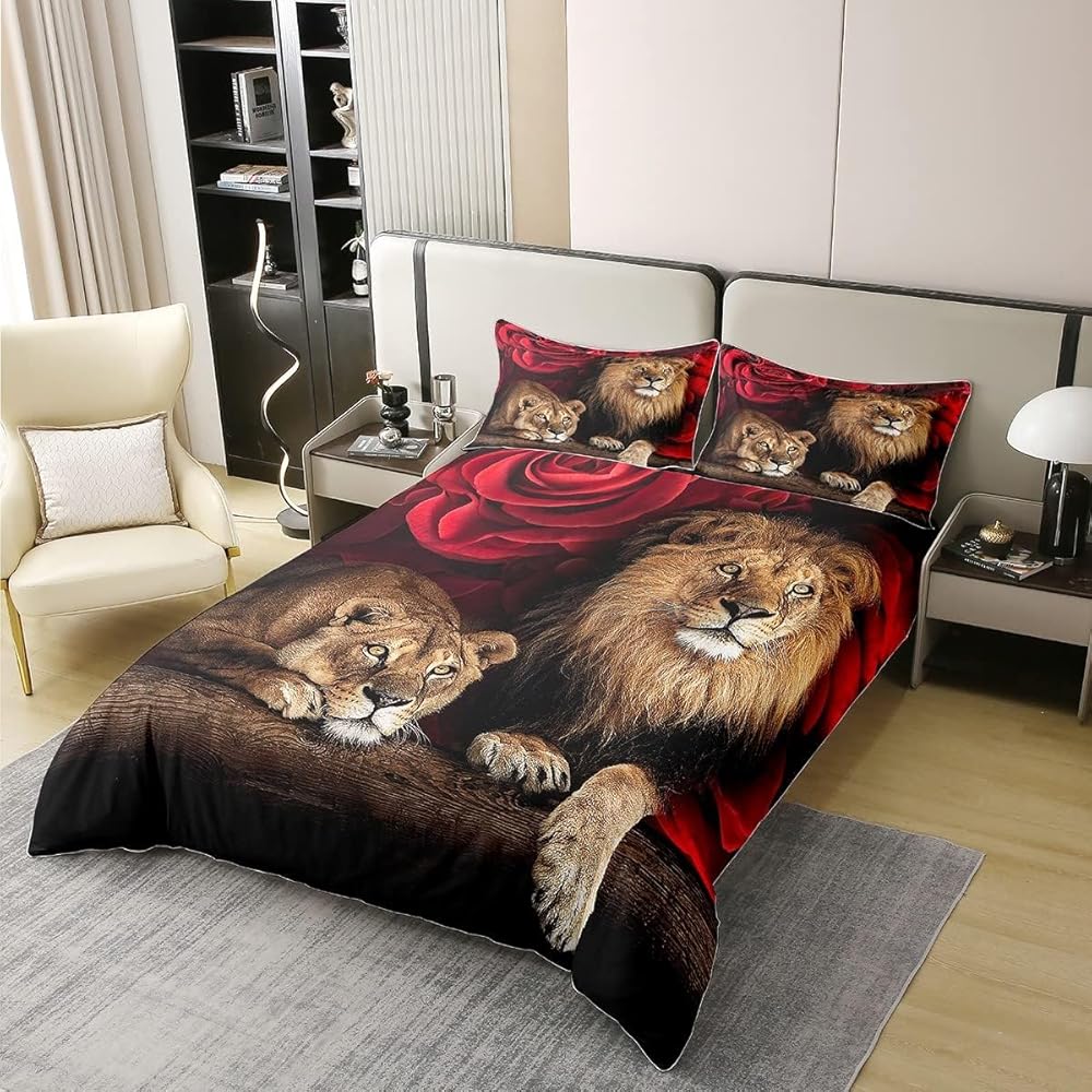 Parure de Lit 100% Coton 240x260 cm, Housse de Couette Lion Rose, Ensemble de Literie À Imprimé Floral Animalier, Literie sur Le Thème de La Nature, pour Enfants Jeunes Adultes, Ultra Doux : Cuisine et Maison