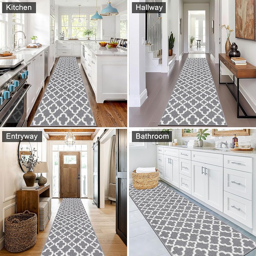 SHACOS Tapis de Couloir Extra Long Gris 60x305cm Tapis de Passage Couloir Moderne Motif Géométrique Tapis Cuisine Devant Evier Antidérapant Tapis d'Entrée Intérieur Long pour Couloir, Cuisine : Cuisine et Maison