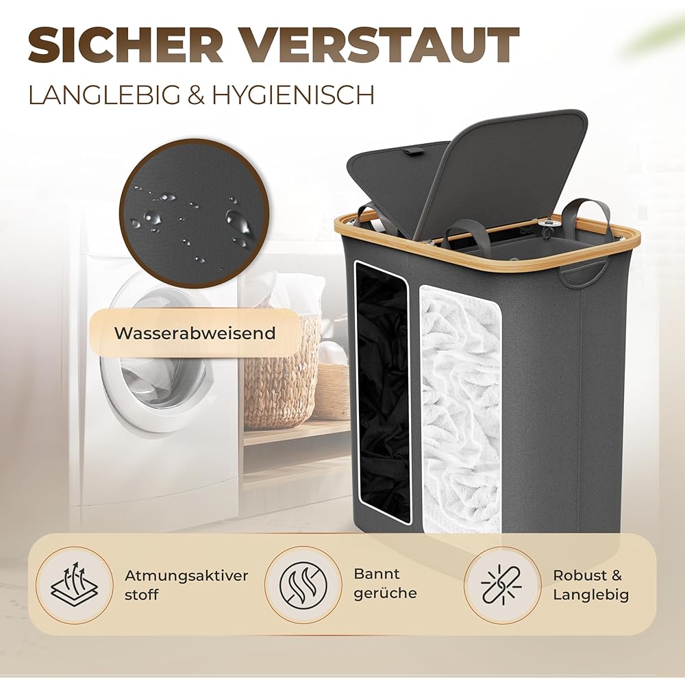 Panier à linge 2 compartiments avec couvercle,100 litres,Tissu bambou gris,Grand,Panier à linge avec couvercle,Panier à linge,Gris foncé,Anthracite,Noir,Laundry Hamper,Celeko foncé,100 l : Cuisine et Maison