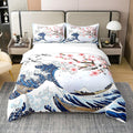 Homemissing Fleur de Cerisier Parure de lit 140x200cm 100% Coton Chic Crane Housse de Couette 100% Coton Enfants Vagues décoration Rose Ukiyo - e Japonais thème Ensemble avec 1 taie d'oreiller, : Cuisine et Maison