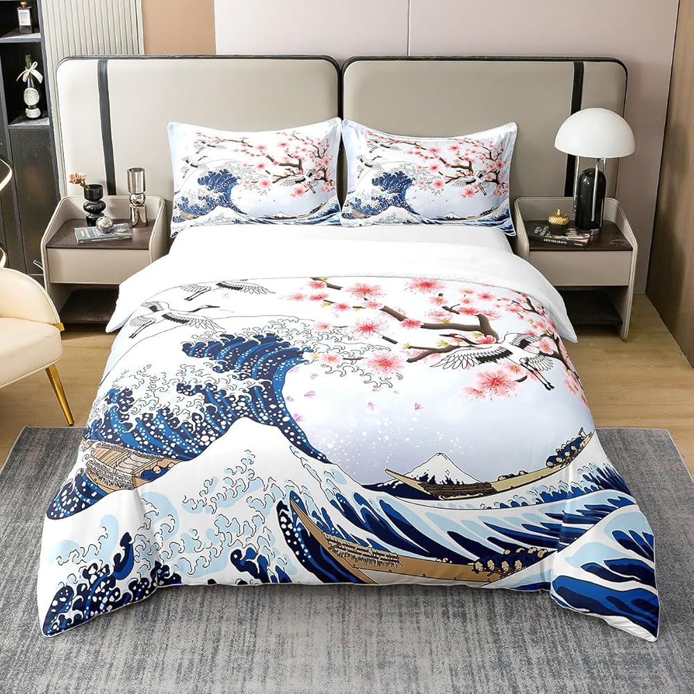 Homemissing Fleur de Cerisier Parure de lit 140x200cm 100% Coton Chic Crane Housse de Couette 100% Coton Enfants Vagues décoration Rose Ukiyo - e Japonais thème Ensemble avec 1 taie d'oreiller, : Cuisine et Maison