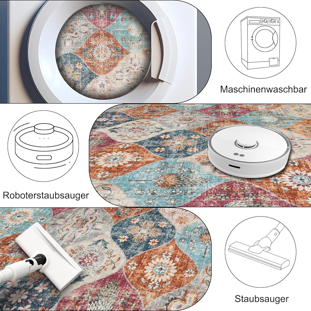 Xfrog Tapis bohème, antidérapant, lavable, ultra doux, antique, à poils bas, pour salon, chambre à coucher, chambre d'enfant, 160 x 230 cm : Cuisine et Maison