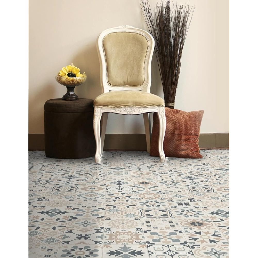 Tadi &amp; Imperio1979 Tapis Vinyle hydraulique en Carreaux réalistes, pour Salon, Couloir, Cuisine et Moquette sur Mesure, Couleur Beige avec Tons Bleu, doré et Orange. : Cuisine et Maison