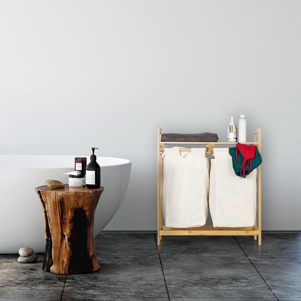 Relaxdays, nature Panier bambou 2 sacs 2 compartiments surface de rangement coffre à linge, 60 L, polyester, 1 élément : Cuisine et Maison
