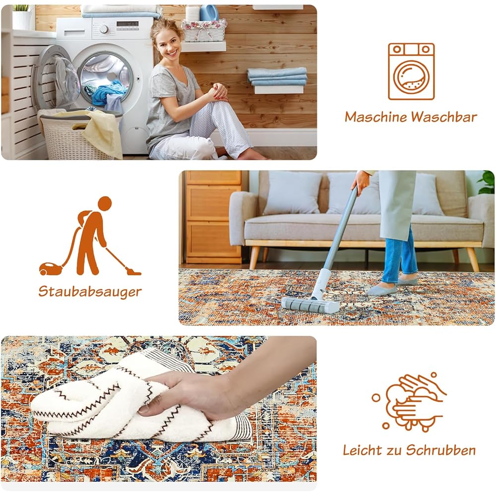 WONGS BEDDING Tapis de salon, 140 x 200 cm, style bohème à poils courts, pour salle à manger, chambre à coucher, lavable, antidérapant, en laine synthétique tapis, orange : Cuisine et Maison
