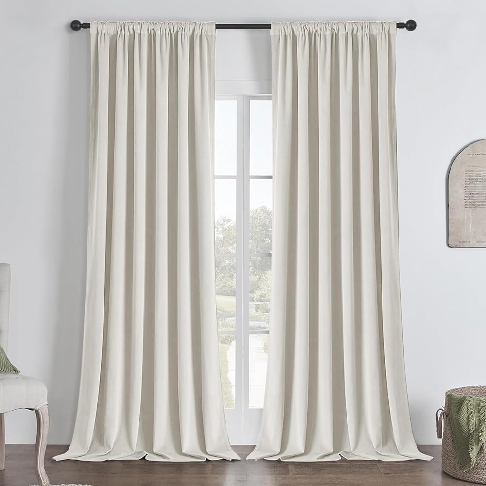 Joydeco Rideau 100% Occultant avec Galon Fronceur pour Thermique, Ivoire L132xH225 cm Lot de 2, Rideaux Velours Dressin Salon Chambre, Lourds 330g/㎡ : Cuisine et Maison