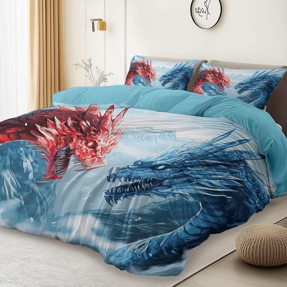 Housse de Couette Imprimé 260 x 240 cm Fantaisie Dragon Glace Et Neige Parure de lit Adulte avec Fermeture Éclair Sets de Housse Couette en Doux Microfibre avec 2 Taie d'oreiller 65x65cm, Bleu : Cuisine et Maison