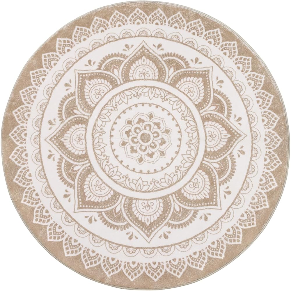 SHACOS Tapis Rond 160 cm Beige Poil Ras Tapis Salon Chambre Antidérapant Tapis de Sol Décoratif Motif Ethnique Boho Tapis Rond Moderne pour Salon Chambre : Cuisine et Maison
