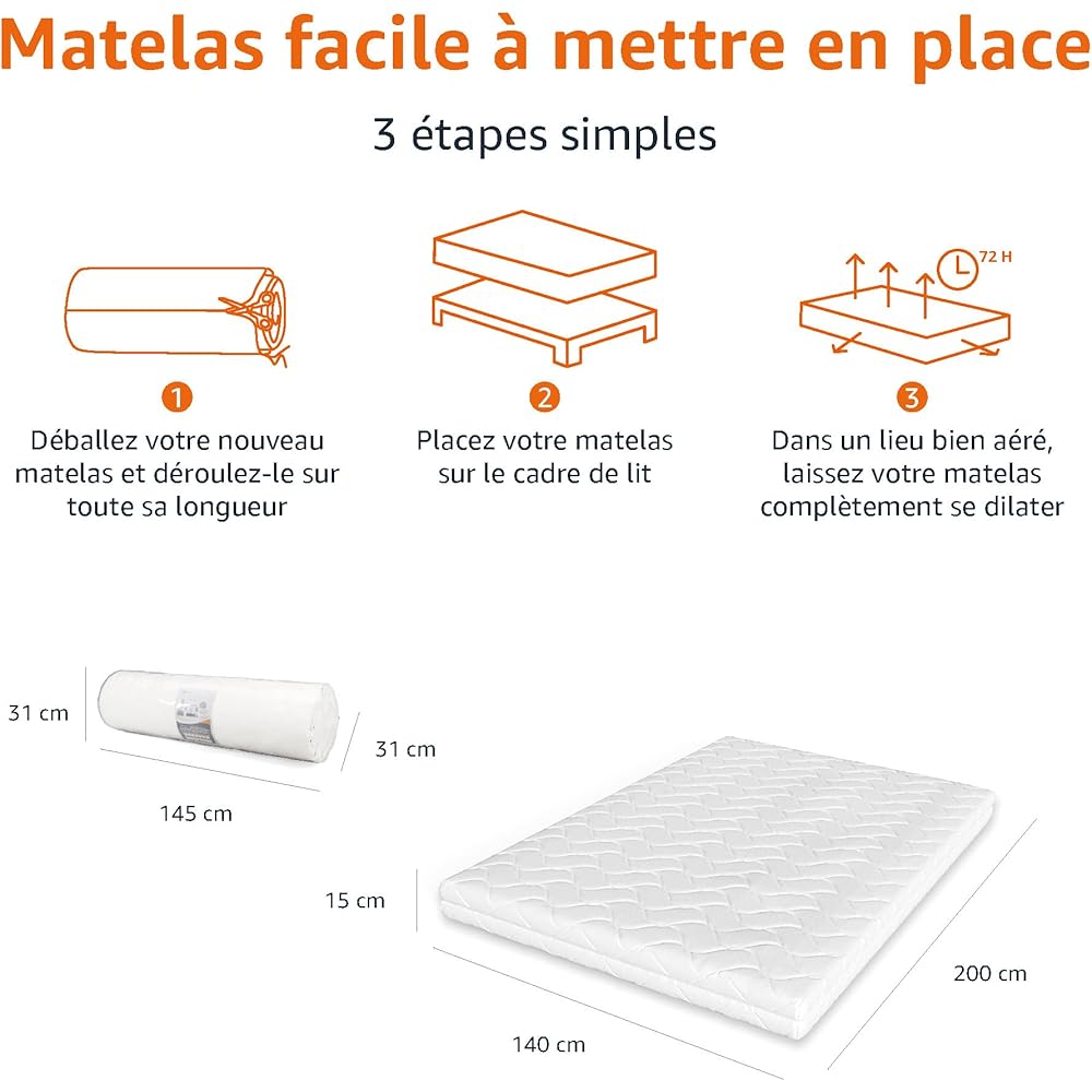Amazon Basics Matelas 7 zones en Mousse de confort, Moyenne ferme (H3), 140 x 200 x 15 cm, Blanc : Cuisine et Maison