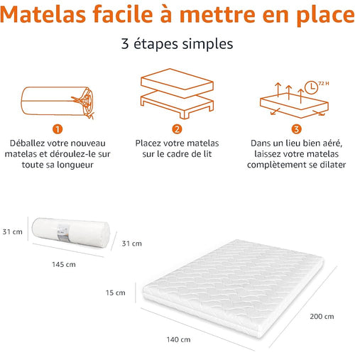 Amazon Basics Matelas 7 zones en Mousse de confort, Moyenne ferme (H3), 140 x 200 x 15 cm, Blanc : Cuisine et Maison