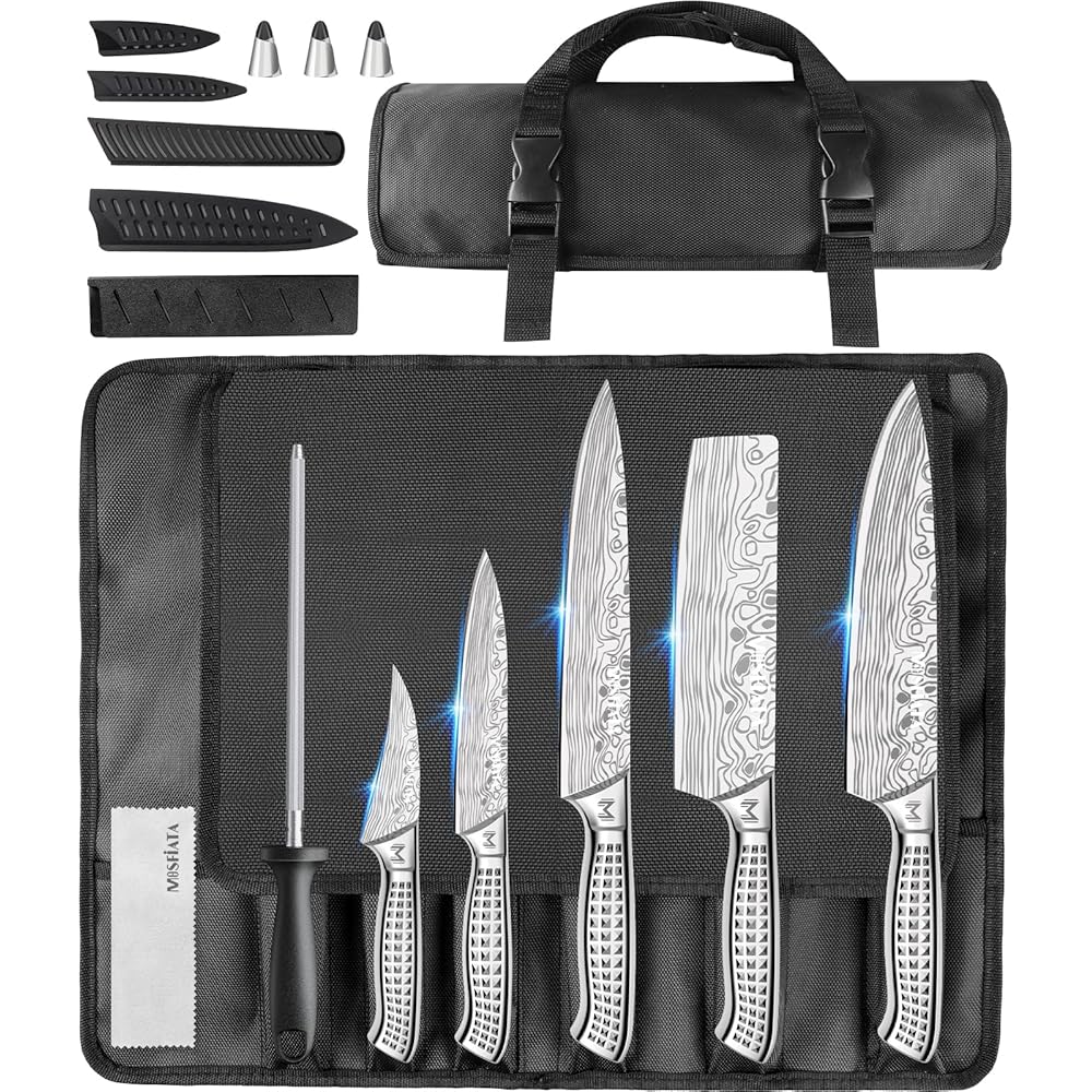 MOSFiATA Lot de 10 couteaux de cuisine en acier inoxydable avec étui - Pour l'extérieur - Couteau de chef tranchant - Protection des doigts - Douilles de sabre de couteau, baguette à aiguiser et sac : Cuisine et Maison