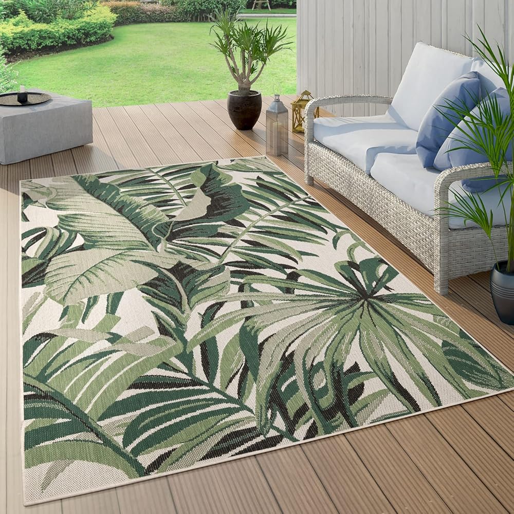 Paco Home Tapis Exterieur Terrasse Salon Cuisine Motif Palmiers Jungle Motif Fleuri Motif Boho Vert, Dimension:280x380 cm, Couleur:Vert 10 : Cuisine et Maison