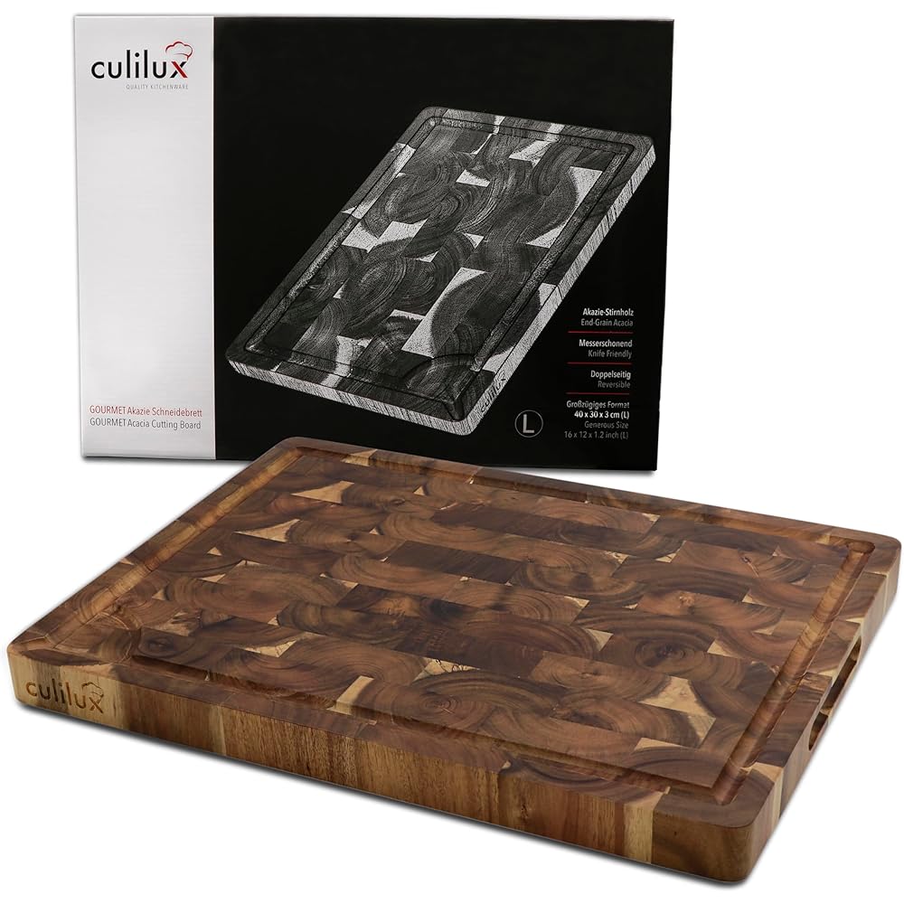 CULILUX® Gourmet Planche à découper L en bois d'acacia double face 40 x 30 x 3 cm avec rainure à jus en bois de cerveau antiseptique comme planche à découper et pour servir : Cuisine et Maison