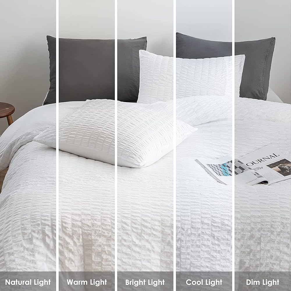 Sedefen Housse de Couette Seersucker 240x260cm Rayures Blanc + 2 x Taies d'oreiller 65x65cm avec Fermeture Eclaire Adulte Ado Doux Confortable Elegant Parure de lit 2 Personnes Rayé : Cuisine et Maison
