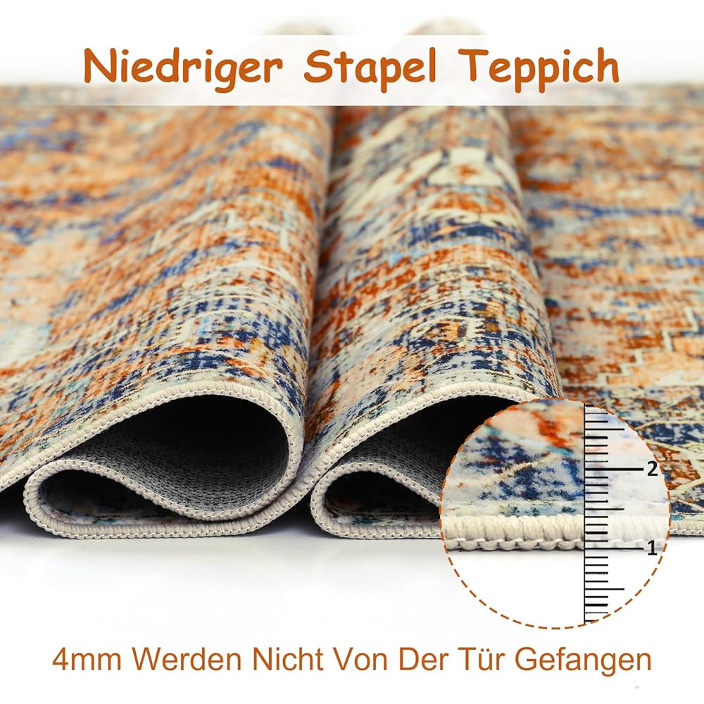 WONGS BEDDING Tapis de salon, 140 x 200 cm, style bohème à poils courts, pour salle à manger, chambre à coucher, lavable, antidérapant, en laine synthétique tapis, orange : Cuisine et Maison
