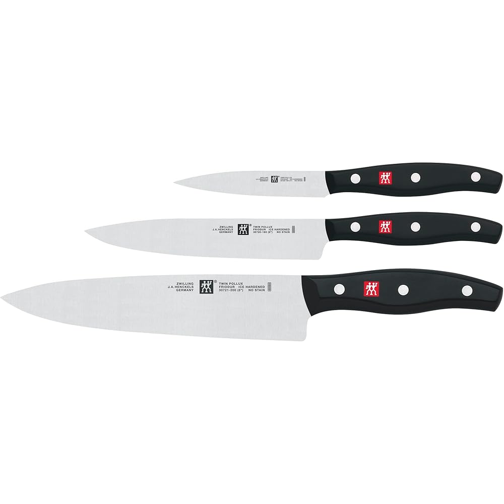 ZWILLING Set de 3 Couteaux (3 pièces: Couteau à Larder/Garnir, Couteau à Viande, Couteau de Chef), Acier Inoxydable, Manche Noir, série Twin Pollux : Cuisine et Maison