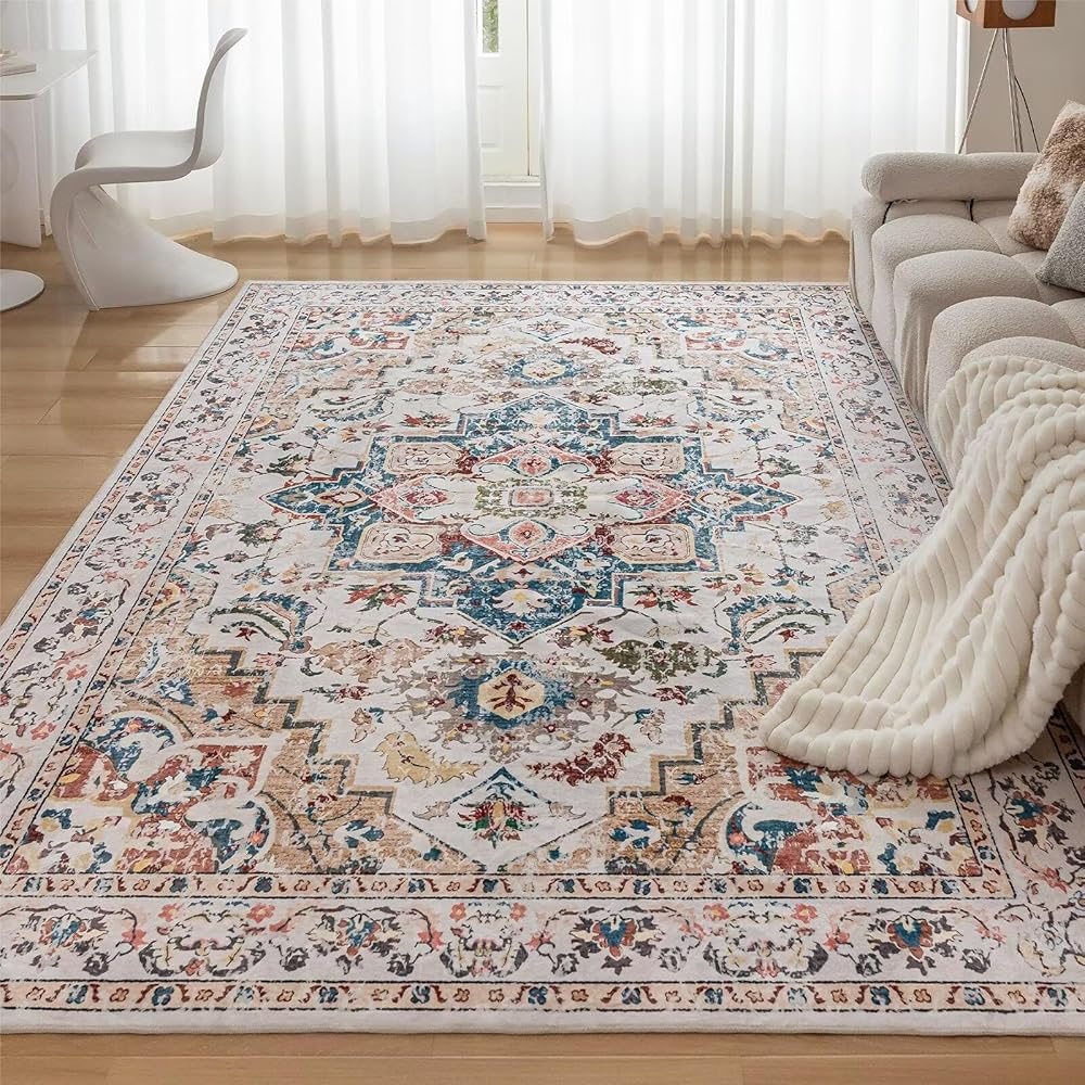 CHOSHOME Grand tapis vintage classique et antidérapant en fausse laine lavable en machine pour salon et chambre à coucher Beige 160 x 230 cm : Cuisine et Maison