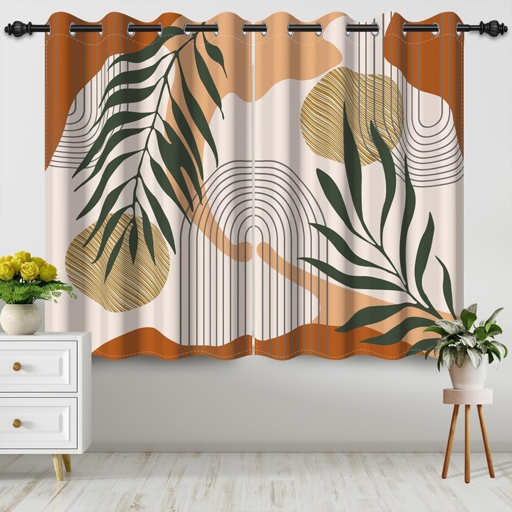 Uiiooazy Rideaux Occultant Abstrait, Rideaux Occultant Boho Terracotta Feuilles Vert Rideaux Thermiques Isolant Anti Froid et Chaleur Rideaux À Oeillets pour Chambre Cuisine Fenêtre, 2 PCS, 140x200cm : Cuisine et Maison