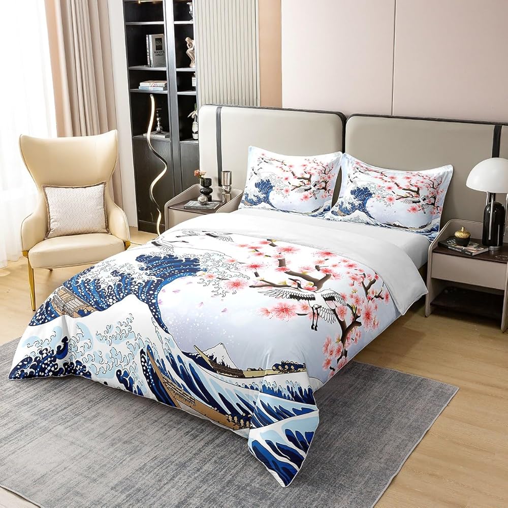 Homemissing Fleur de Cerisier Parure de lit 140x200cm 100% Coton Chic Crane Housse de Couette 100% Coton Enfants Vagues décoration Rose Ukiyo - e Japonais thème Ensemble avec 1 taie d'oreiller, : Cuisine et Maison