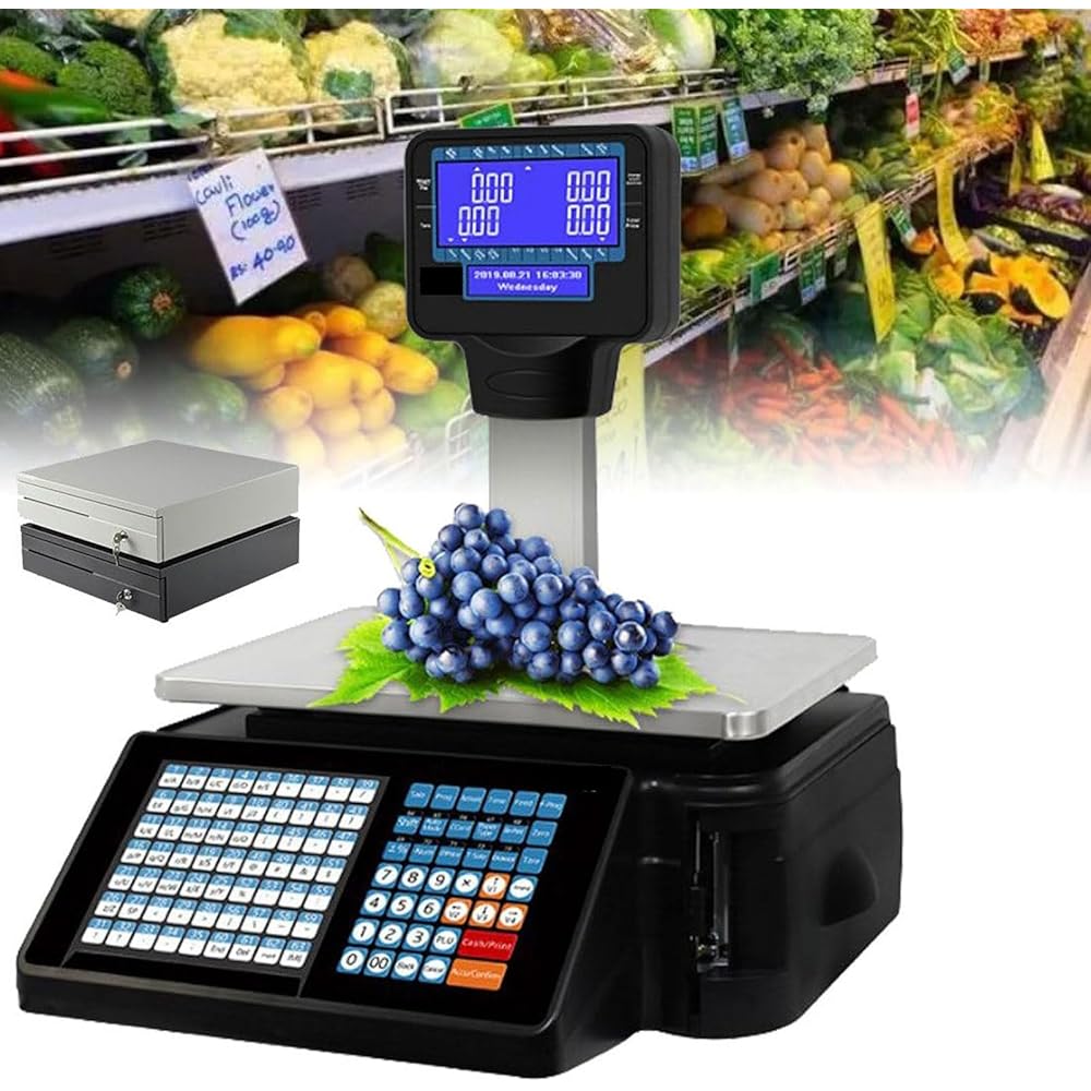Balances numériques à codes-barres avec imprimante d'étiquettes et de reçus, balances d'impression d'étiquettes, écran LCD double face de 30 kg/60 lb, caisse enregistreuse commerciale(Machine+CashBox+ : Cuisine et Maison