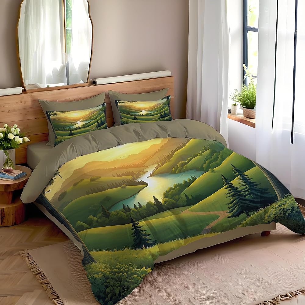 MULERN Parure de lit Coucher De Soleil Collines, Parure de Couette pour Enfants, Paysage Plantes Douce Microfibre Respirante 240x260cm Housse de Couette avec Fermeture éclair et 2 taie d'oreiller : Cuisine et Maison