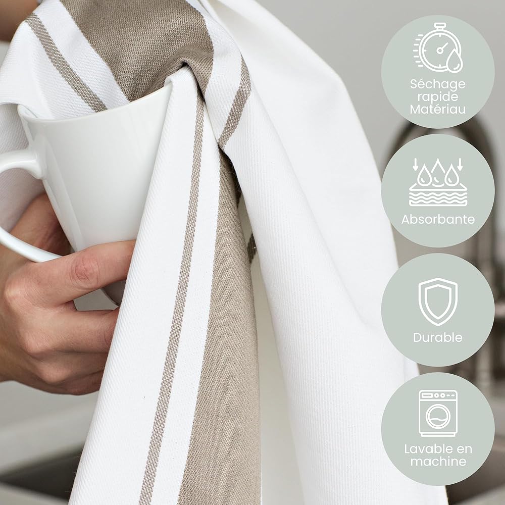 Sticky Toffee torchon en Coton rayé | Lot de 12| 100% Coton | Gris Cappuccino | 50 x 70 cm | Chiffons de Cuisine en Verre Absorbant du Bar du Restaurant : Cuisine et Maison