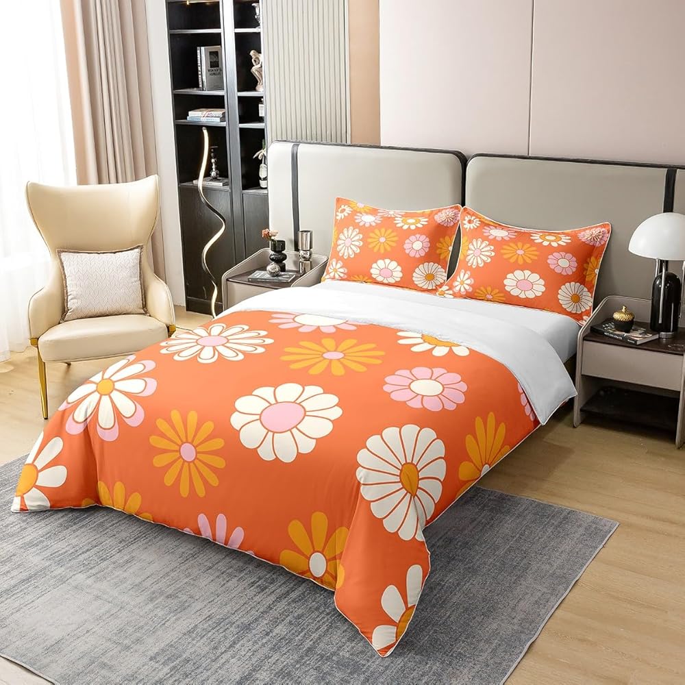 Homemissing 60s 70s Groovy 100% Coton Housse de Couette 220x240cm Vintage Hippie Fleurs Literie Vintage bohème Plantes Fleurs Parure de lit Coton Housse de Couette Blossom Orange Literie Ensemble : Cuisine et Maison