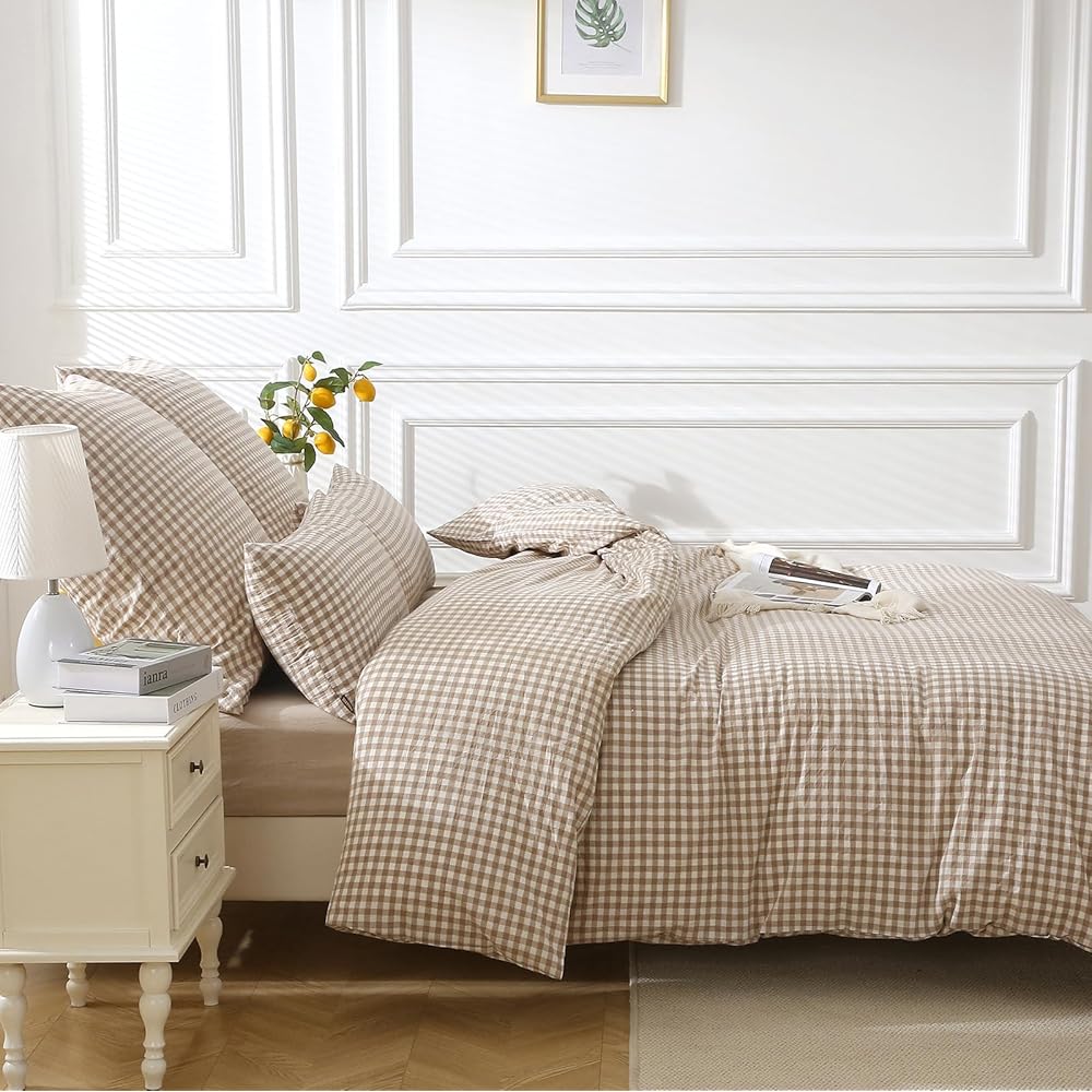 SOULFUL Housse de Couette 240x260 Coton à Carreaux, Beige Parure de Housse de Couette avec Fermeture Éclair, Certifié Oeko-TEX, Parure de Lit 2 Personne 240x260 Coton avec 2 Taie d'oreiller 65x65 cm : Cuisine et Maison
