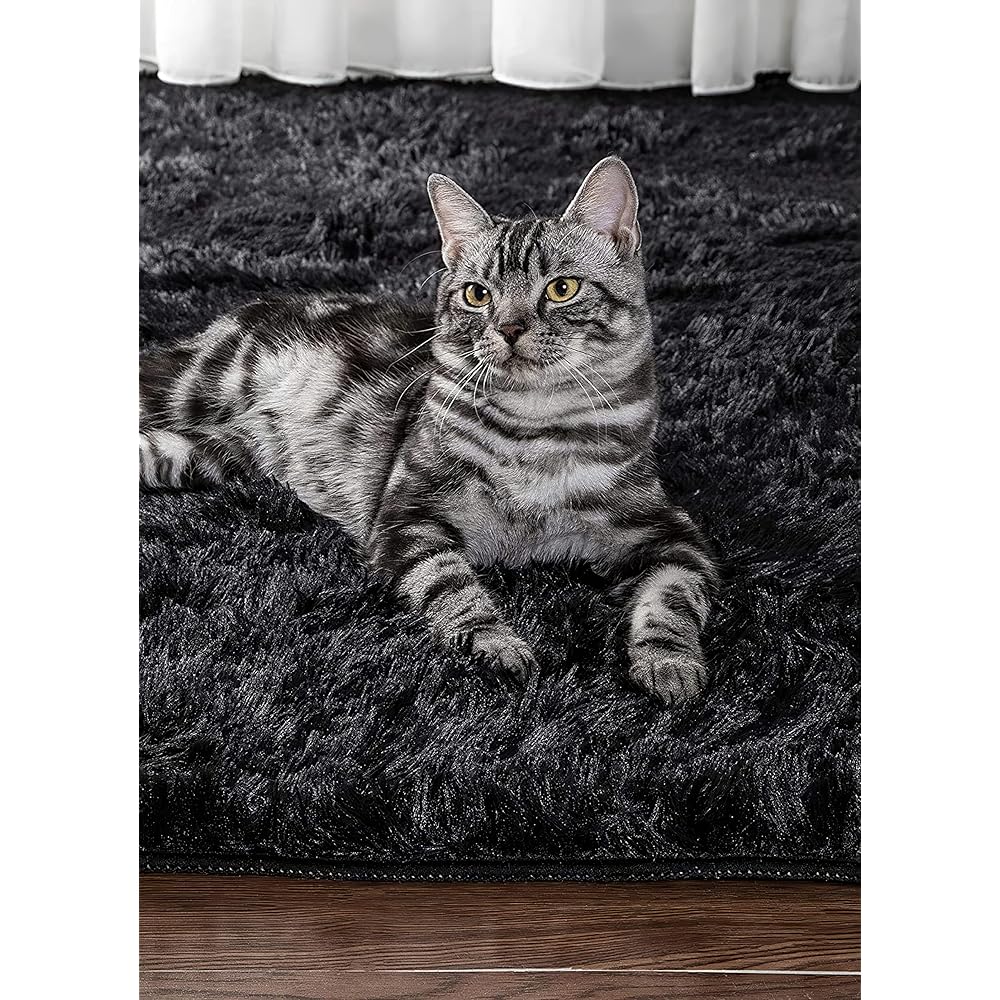 VOFUSHON Tapis Salon Shaggy Descente de lit Chambre Grande Taille Tapis avec Le Fond Antidérapant, Tapis Décoratif de Style Moderne pour Salon Chambre Canapé Natte(160 x 230 cm,Noir) : Cuisine et Maison