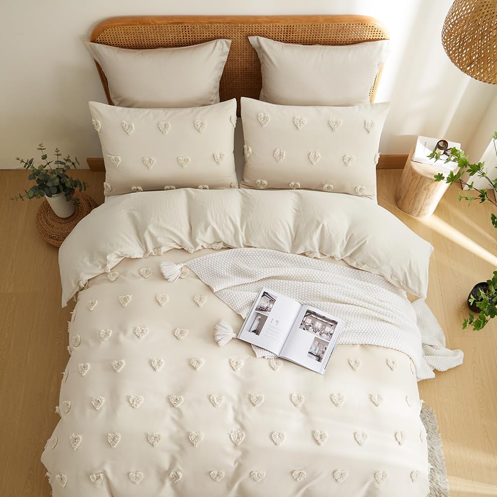 Freyamy Tuftée Parure de lit Bohème Housse de Couette 220x240 Broderie à la Main Parure de lit 2 Personne en Microfibre avec Fermeture Beige Ensemble de literie avec 2 Taie d'oreiller 65 x 65 Filles : Cuisine et Maison